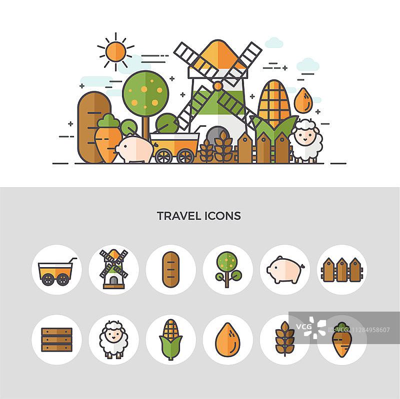 农场主题旅行矢量图标图片素材