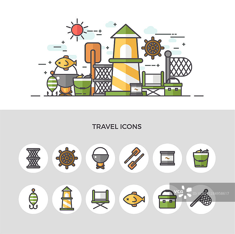 钓鱼主题旅行矢量图标图片素材