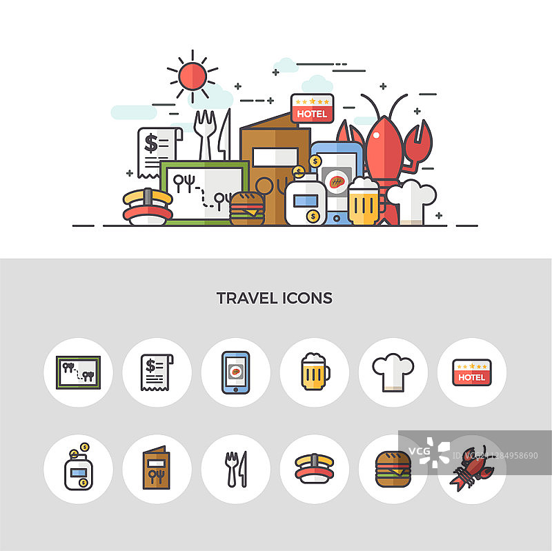 美食餐厅主题旅行矢量图标图片素材