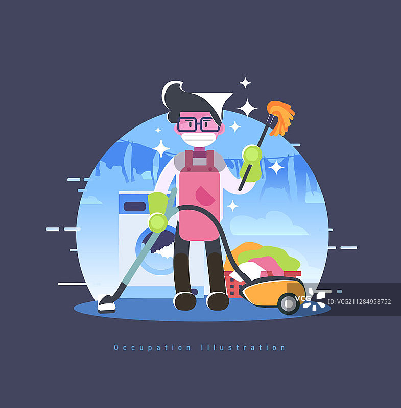 手持鸡毛掸子和吸尘器的男清洁工矢量素材图片素材