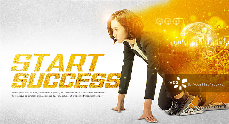 年轻女商人起跑姿势的数字合成图像图片素材