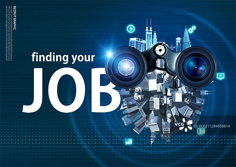 从正上方观察城市的数字合成图像，带有放大镜图片素材