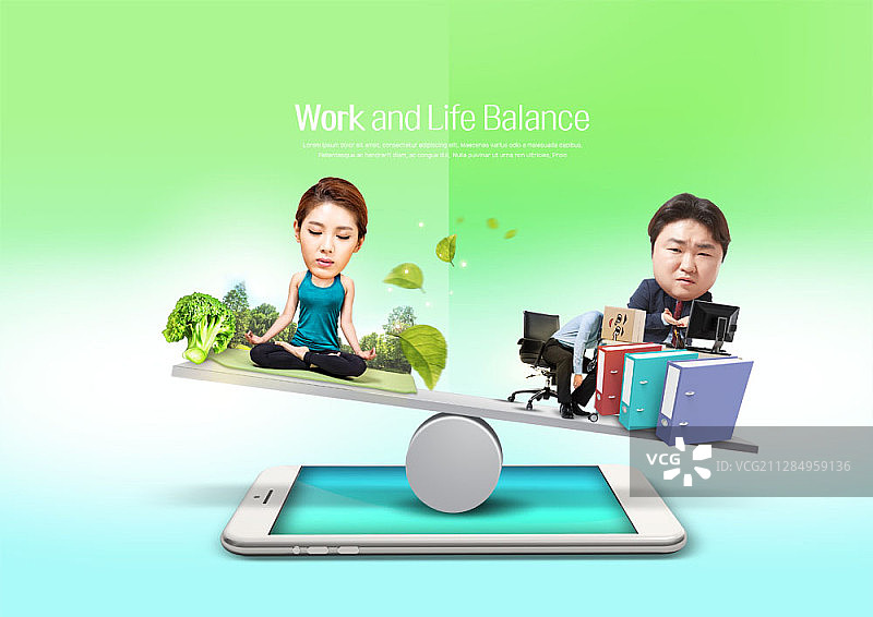 工作与生活平衡主题数字合成图像：情侣和跷跷板上的男人图片素材