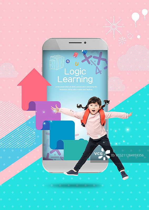 亚洲女孩在带有箭头和数学符号的移动设备前跳跃的数字合成图像图片素材