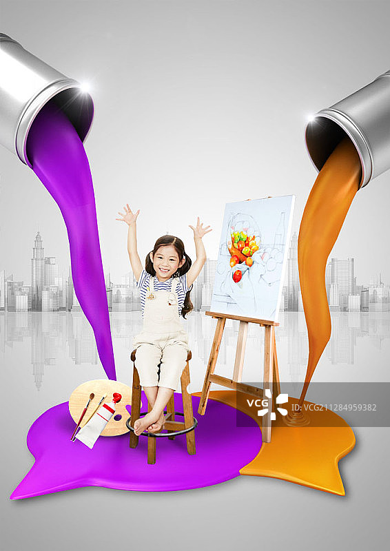 亚洲女孩坐在画架旁，手持调色板的数字合成图像图片素材