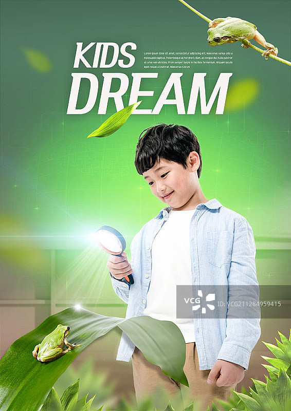 男孩拿着放大镜观察植物和青蛙的数字合成图像图片素材