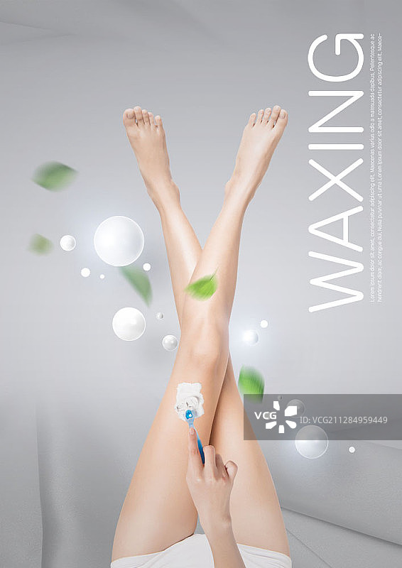 双腿向上交叉，手持蓝色剃须刀和剃须膏的数字合成图图片素材