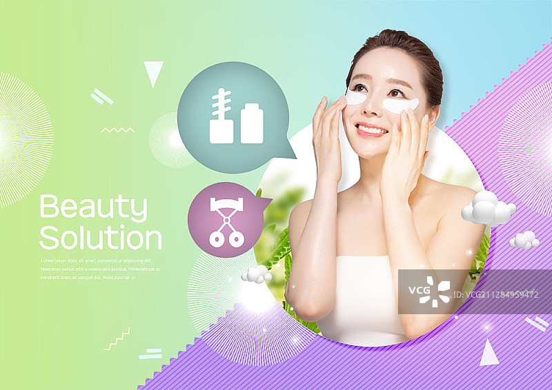 年轻亚洲女性涂抹眼霜和美容工具图标的合成图像图片素材