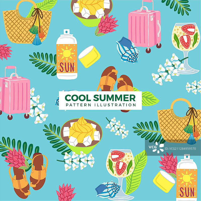 夏季主题图案：沙滩包、防晒喷雾和行李图片素材