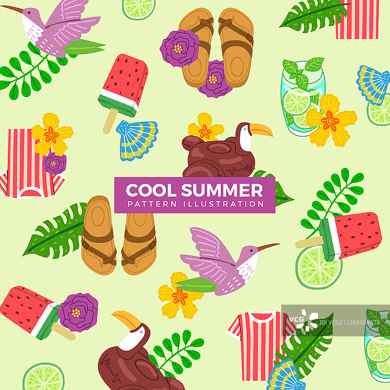 夏季饮品和凉鞋主题图案插画图片素材