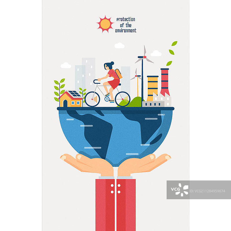 手托地球与骑自行车女子矢量插画图片素材