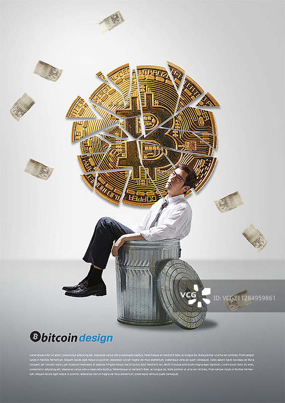 绝望地坐在垃圾桶上的商人与破碎的比特币合成图图片素材
