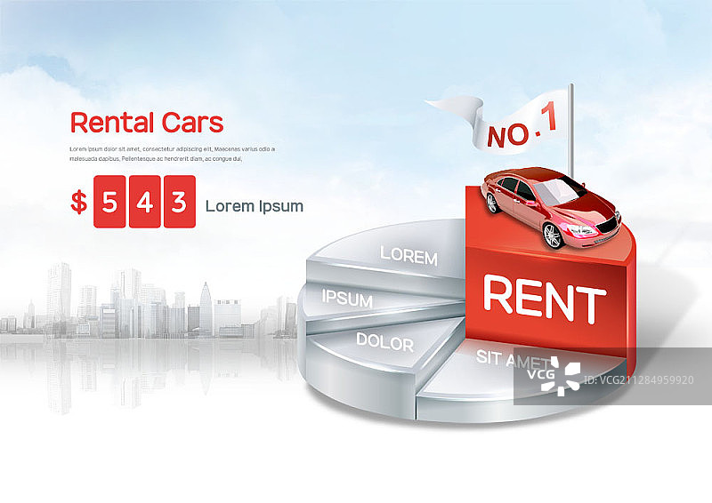 数字合成图：汽车租赁服务，图表红色汽车和价格标签图片素材