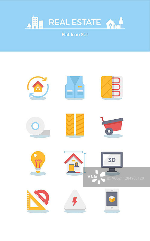 房地产建筑扁平风格图标集图片素材