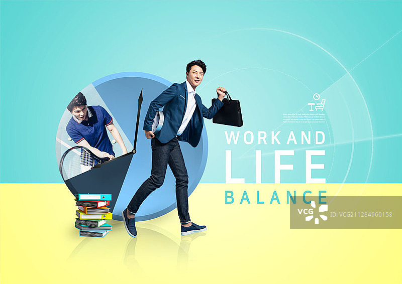 日程饼图和商务人士拿着时钟和包的数字合成图像图片素材