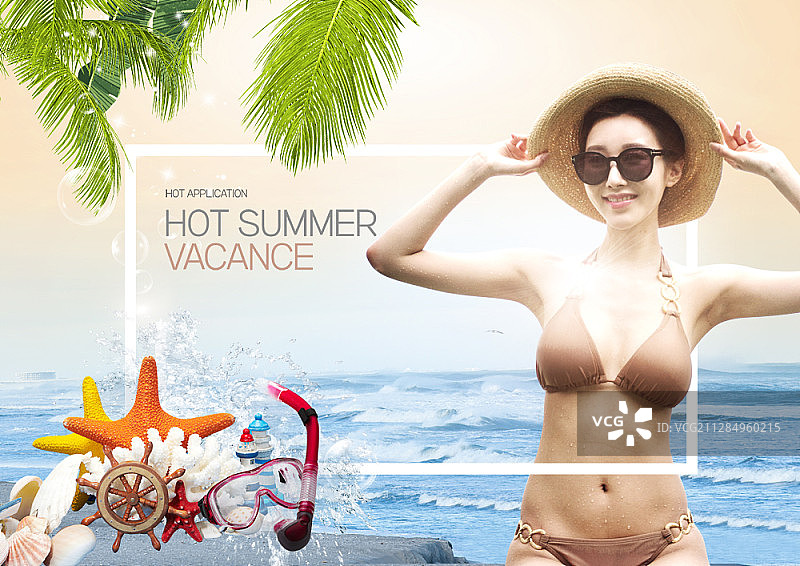 海滩上戴草帽的比基尼女人数字合成图像图片素材