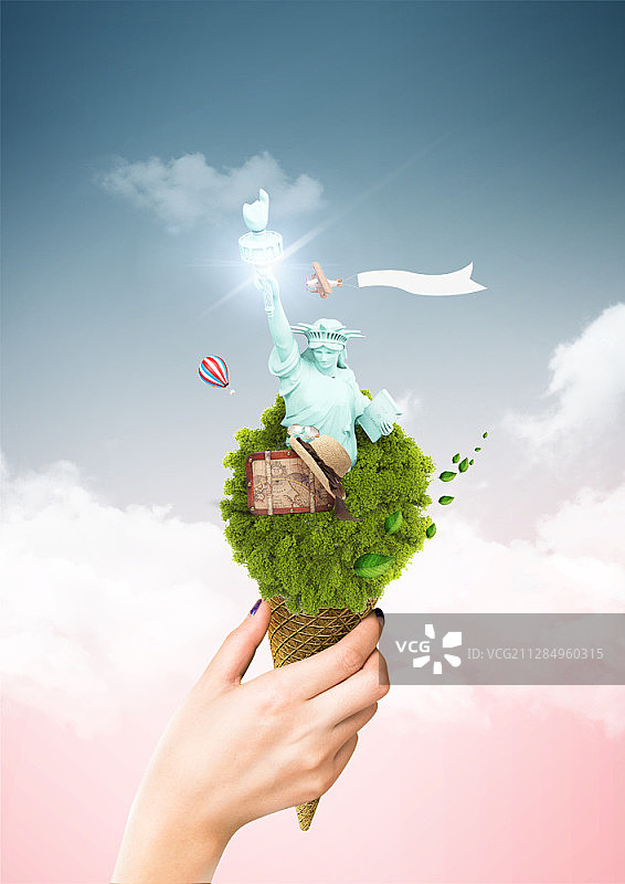 手持冰淇淋甜筒、自由女神像行李包和帽子的数字合成图像图片素材