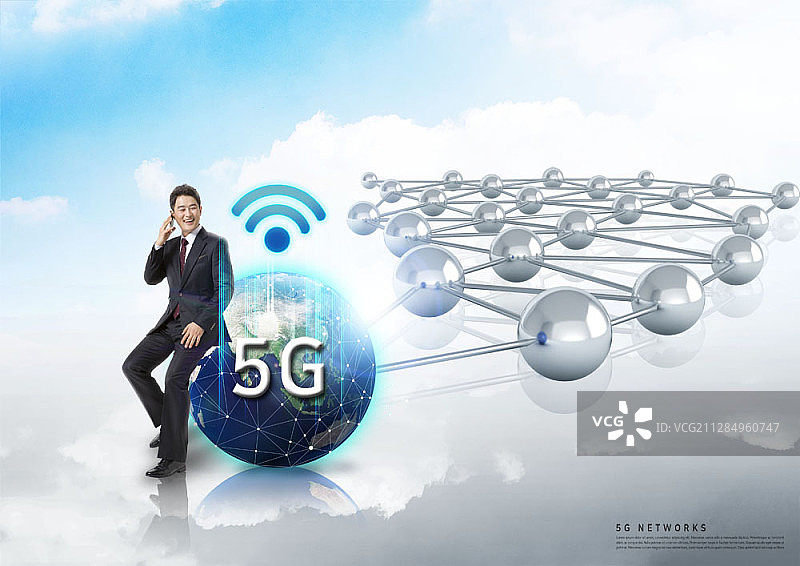 男子倚靠地球，手持电话，配有5G文字和Wi-Fi标志的合成图像图片素材
