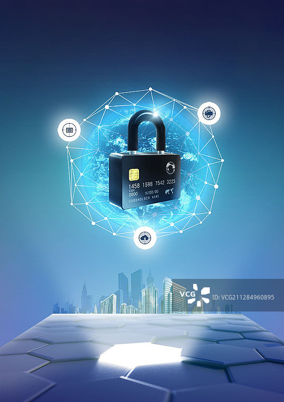 带有城市景观和全息投影的信用卡黑锁数字合成图像图片素材