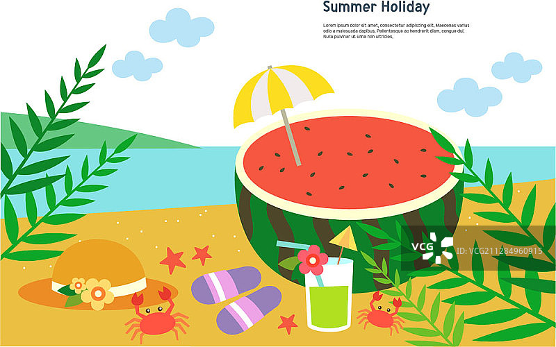 海滩边的西瓜饮品、沙滩帽和拖鞋矢量插图图片素材