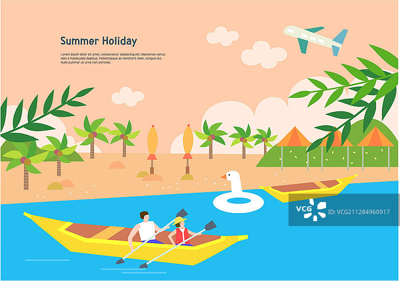 情侣在海边棕榈树和遮阳伞旁划脚踏船的矢量插画图片素材