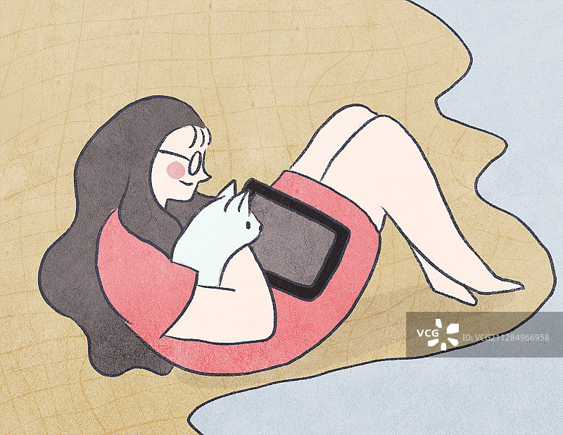 少女和猫咪一起看平板电脑图片素材