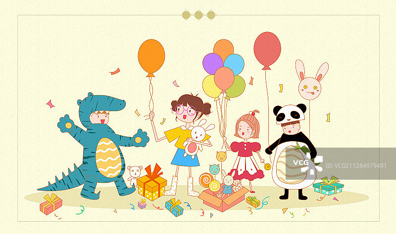 拿着气球的孩子欢乐的庆祝节日儿童节插画图片素材