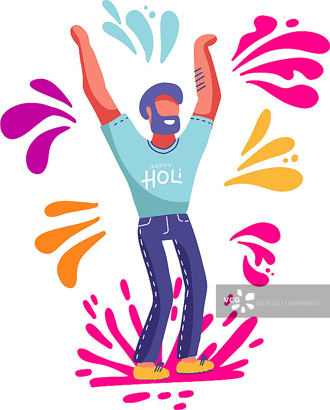 玩耍中抛洒彩色颜料的络腮胡男子图片素材