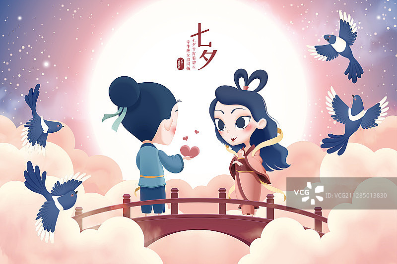 七夕桥上约会的牛郎织女插图图片素材