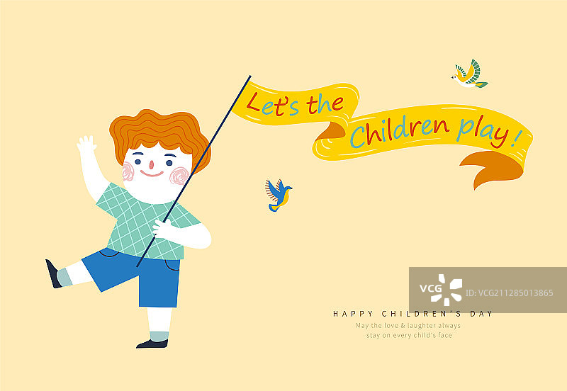 儿童节海报可爱孩子挥动旗帜玩耍图片素材