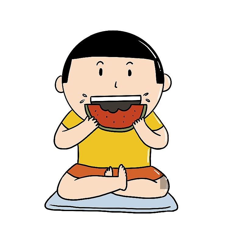 元素：手绘简笔画吃西瓜的男孩图片素材