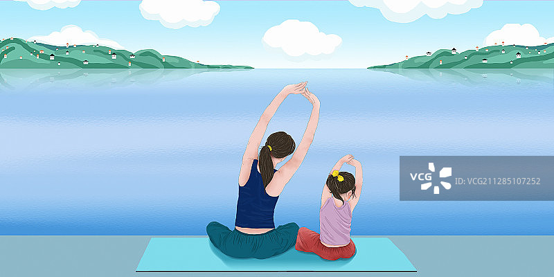6.21国际瑜伽日 清晨海边做瑜伽的母女图片素材