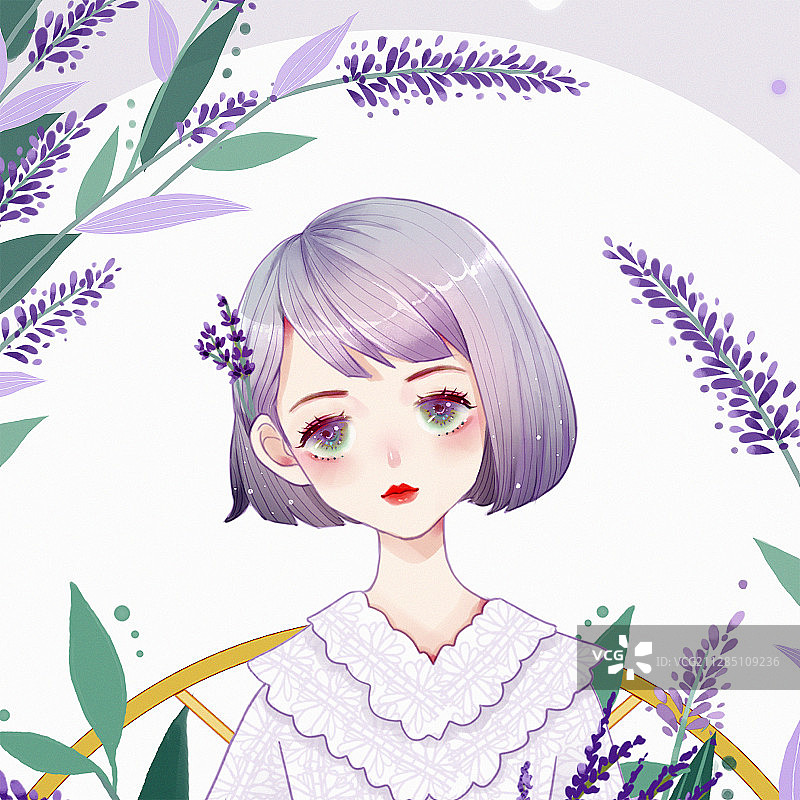 短发女孩在薰衣草花丛中图片素材