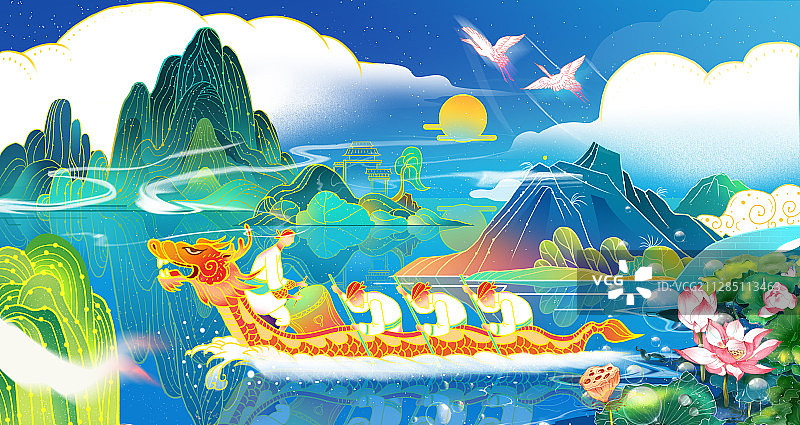 青山绿水端午划龙舟插画图片素材