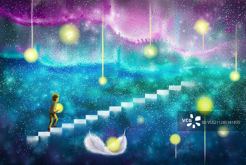 星空下一个男孩走在台阶上怀里抱着发光的球图片素材