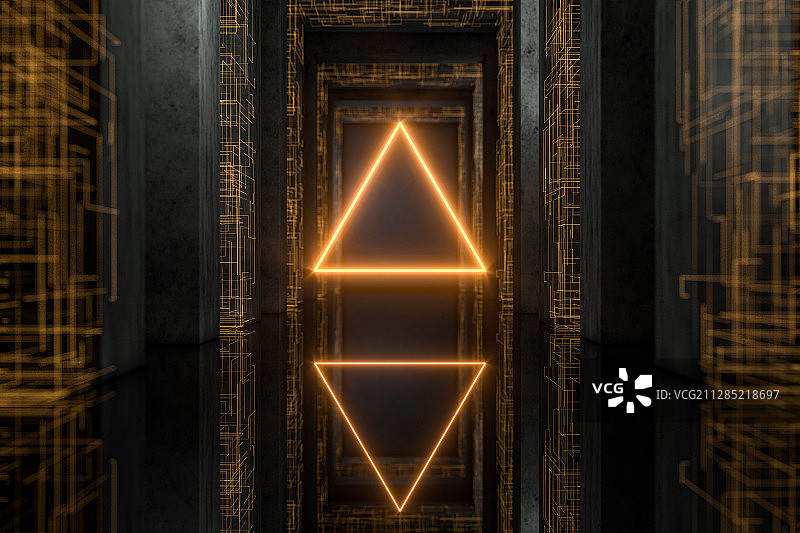 黑暗隧道内的三角形线条 3D渲染图片素材