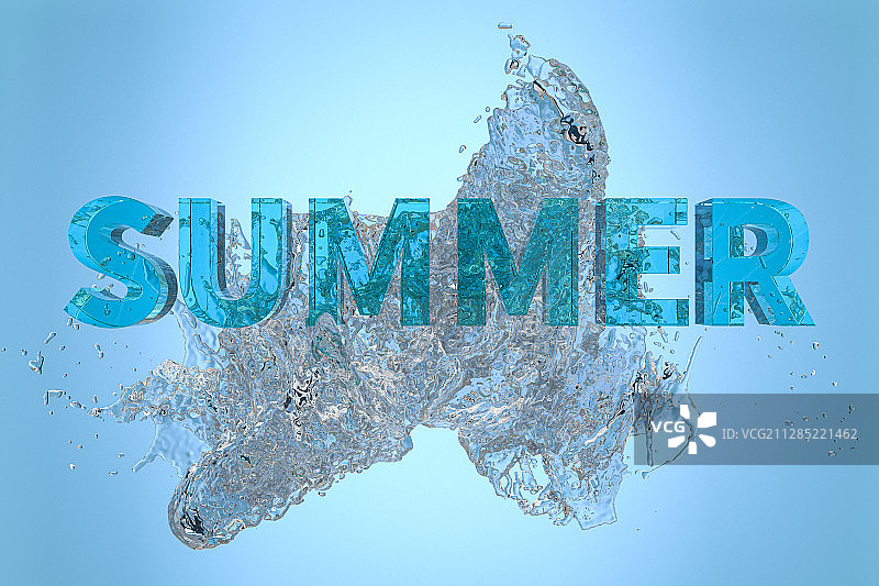 夏天英文3D字体与飞溅的液体 3D渲染图片素材