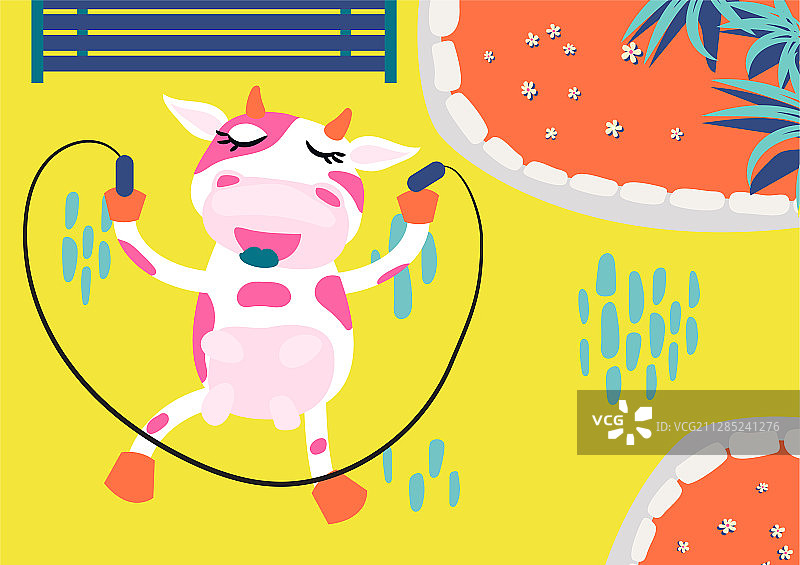 在游乐园里跳绳的可爱奶牛儿童插画图片素材