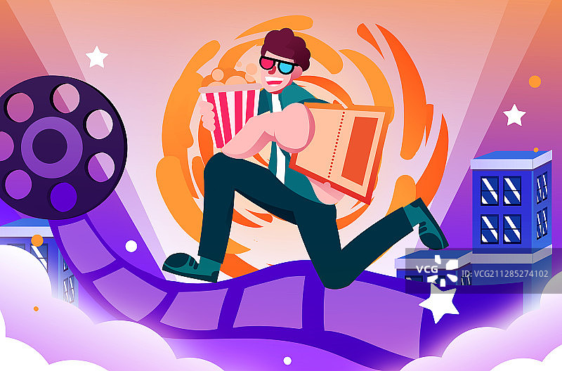 卡通手绘电影院男子手拿爆米花电影票插画图片素材