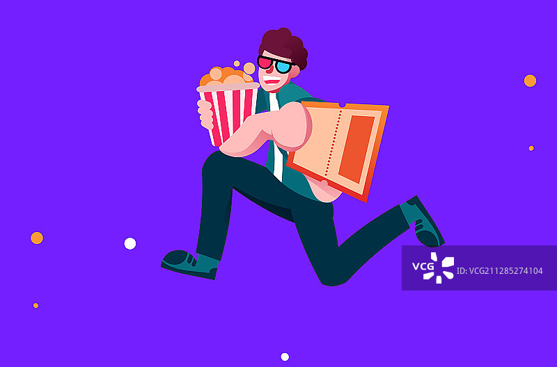 卡通手绘电影院男子手拿爆米花电影票插画图片素材