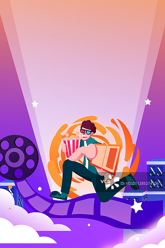 卡通手绘电影院男子手拿爆米花电影票插画图片素材