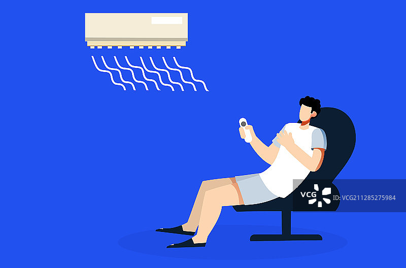 卡通手绘男子夏天吹空调插画图片素材