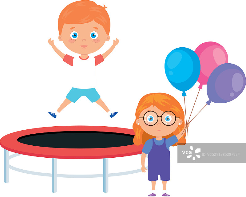 可爱的小朋友在蹦床上跳跃图片素材