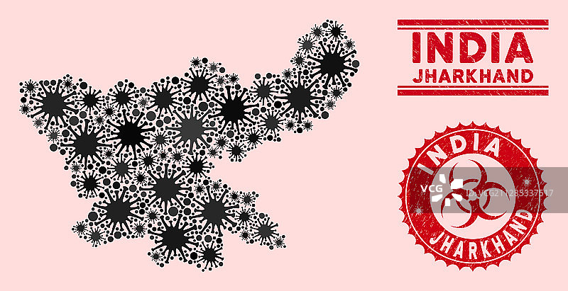 带有损坏印章的Jharkhand邦地图上的新型冠状病毒马赛克图片素材