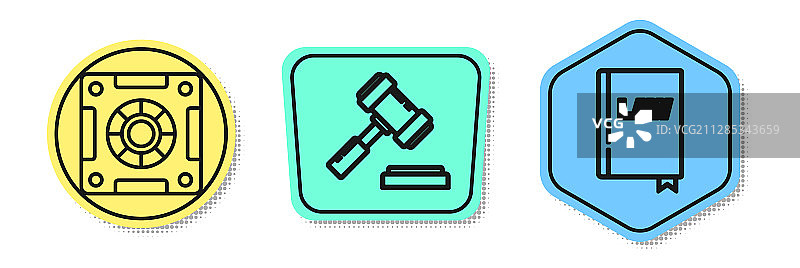 彩色线条：保险箱、法官 gavel 和法律书籍图片素材