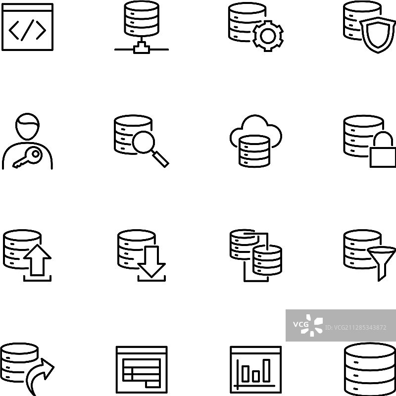与数据库构建相关的线性图标集图片素材