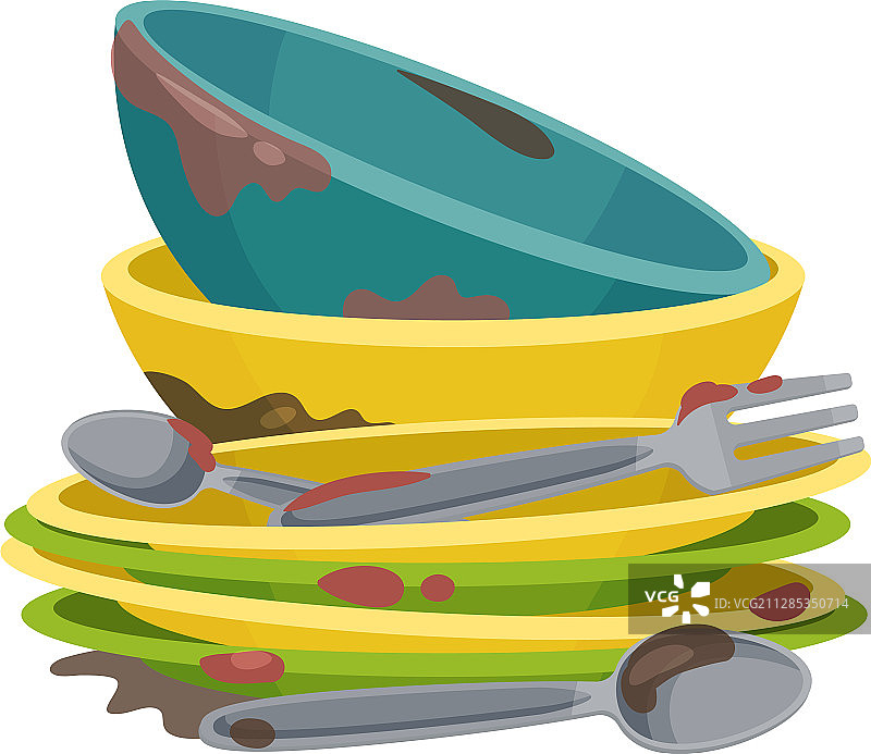 堆放的脏厨房用具和陶器图片素材