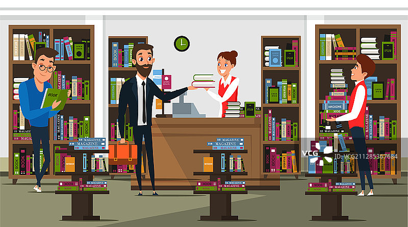 书店内部扁平风格设计图片素材