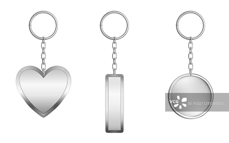 金属圆形矩形和心形钥匙链套装图片素材