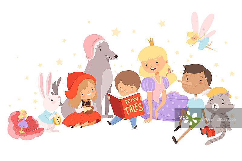 拿着打开的书本阅读童话故事的小男孩图片素材